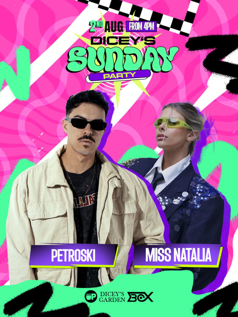 Flyer for Dicey’s Sunday Party with Petroski and Miss Natalia, 2 August 2026 at Dicey’s Garden, Dublin