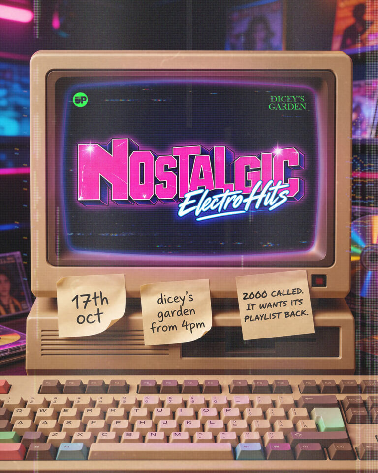 Flyer for Nostalgic Electro Hits, 17 October 2026 at Dicey’s Garden, Dublin, from 4pm