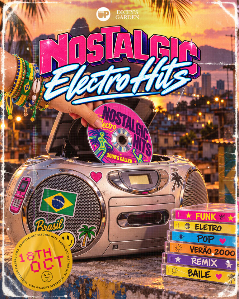 Flyer for Nostalgic Electro Hits, 18 October 2026 at Dicey’s Garden, Dublin